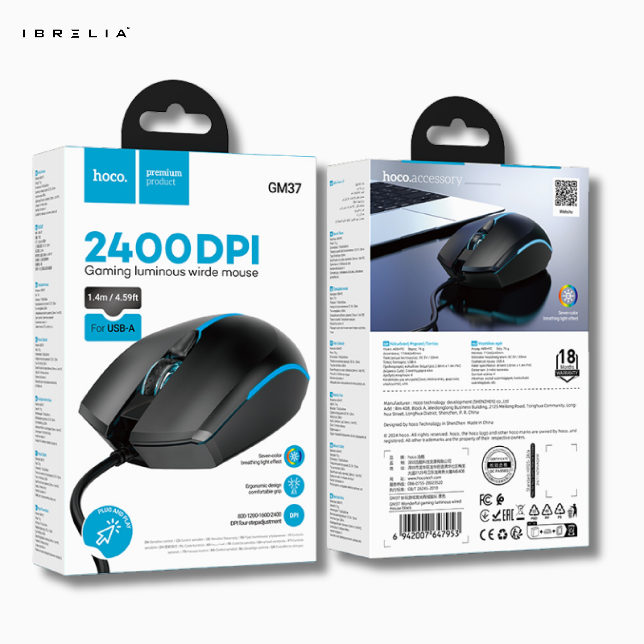 HOCO GM37 – 2400 DPI Gaming Luminous Wired Mouse | IBRELIA™