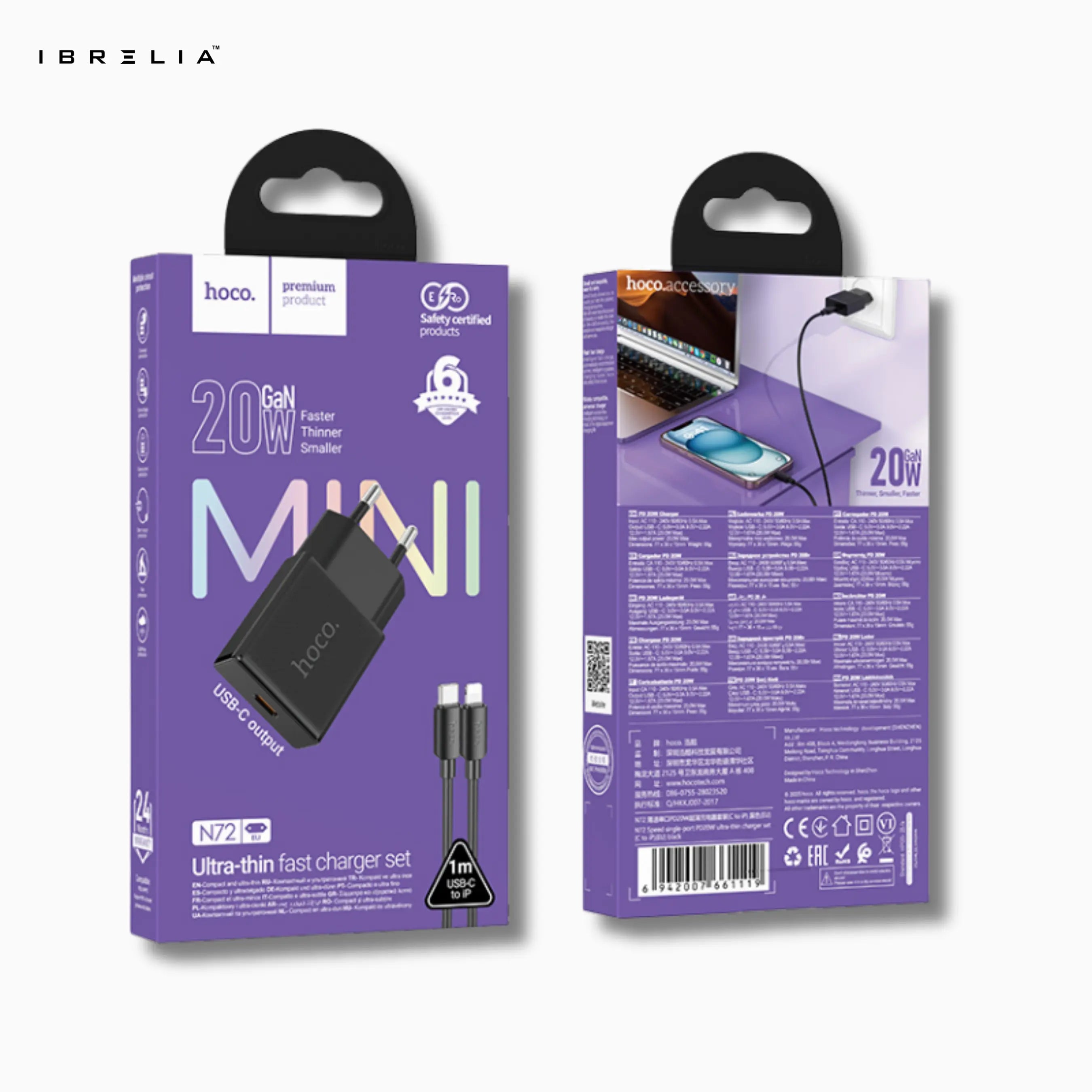 HOCO N72 MINI 20W GaN Ultra-Thin Fast Charger Set (USB-C to iPhone Cable) | IBRELIA™ IBRELIA
