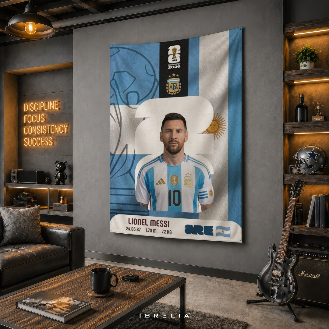 Lionel Messi Argentina Legacy Card Edition – Premium Jute Fabric Tapestry – IBRELIA™