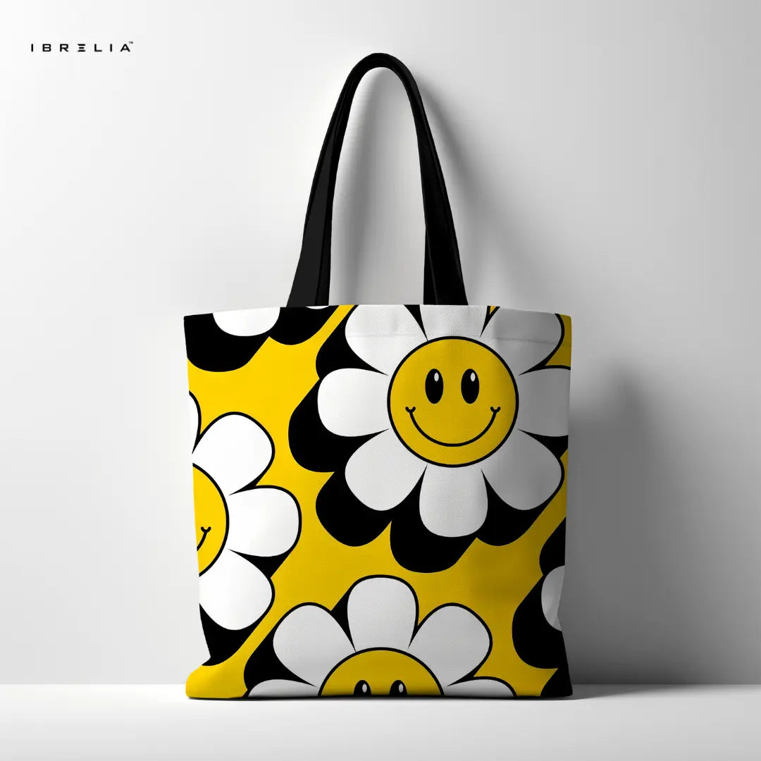 Smiley Daisy Tote Bag – Retro Y2K Jute Tote with Velvet Handles | IBRELIA™ IBRELIA