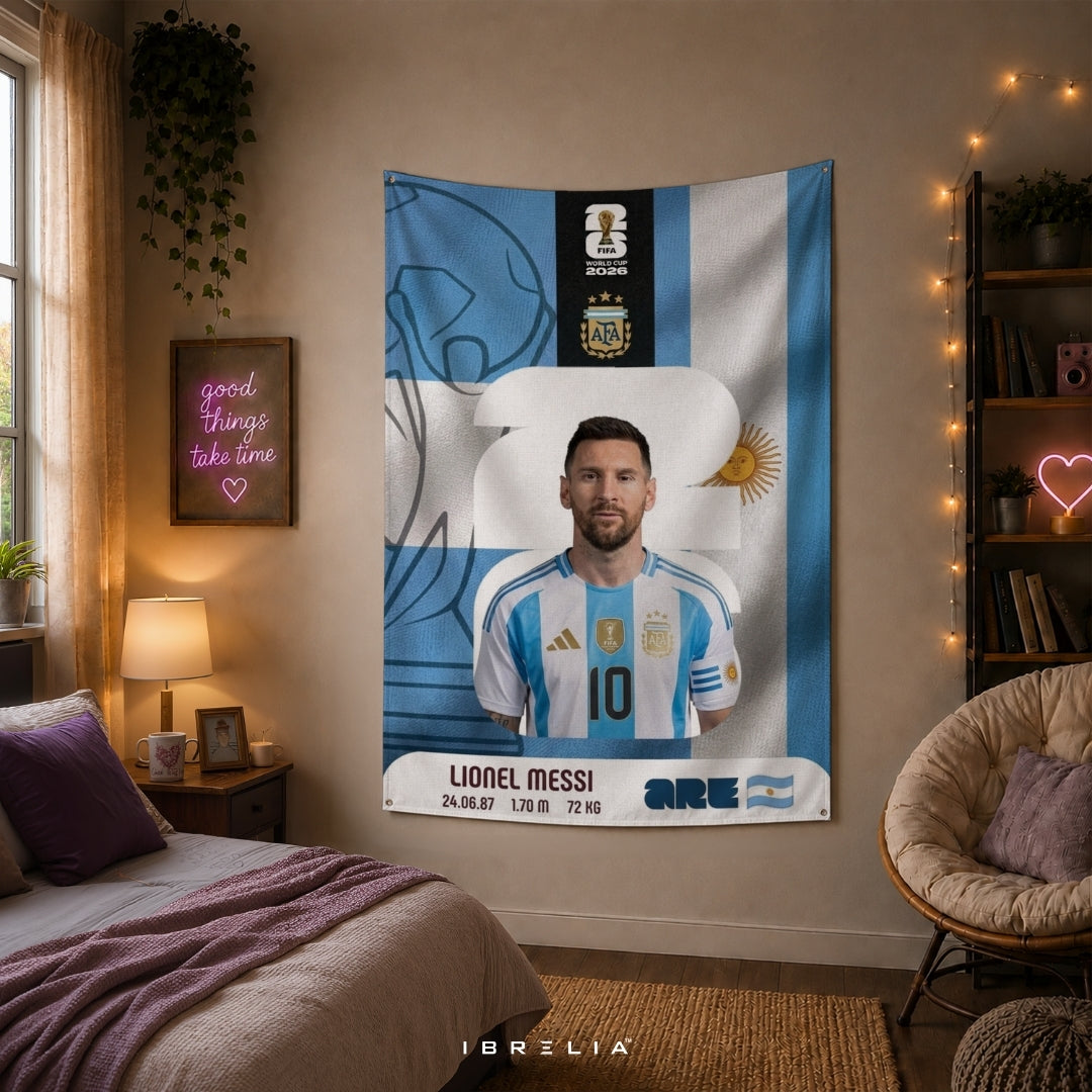 Lionel Messi Argentina Legacy Card Edition – Premium Jute Fabric Tapestry – IBRELIA™