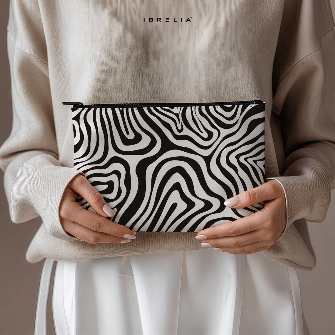 Abstract Monochrome Wave Makeup & Pencil Pouch – Modern Black & White Organizer – IBRELIA™