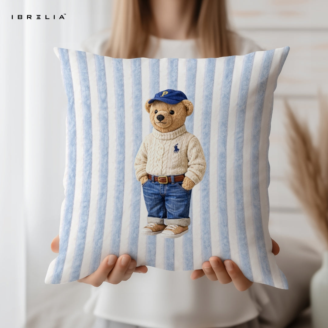 Casual Polo Teddy Cushion – Preppy Bear Pillow 15x15 Inch | Jute Textured Premium Cushion | IBRELIA™ IBRELIA