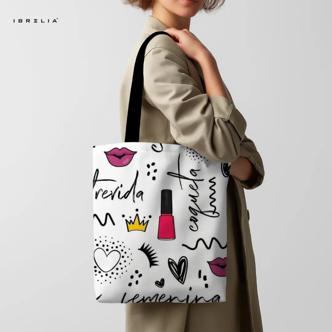 Coqueta Girly Tote Bag – Bold Feminine Doodle Jute Tote with Velvet Handles | IBRELIA™ IBRELIA