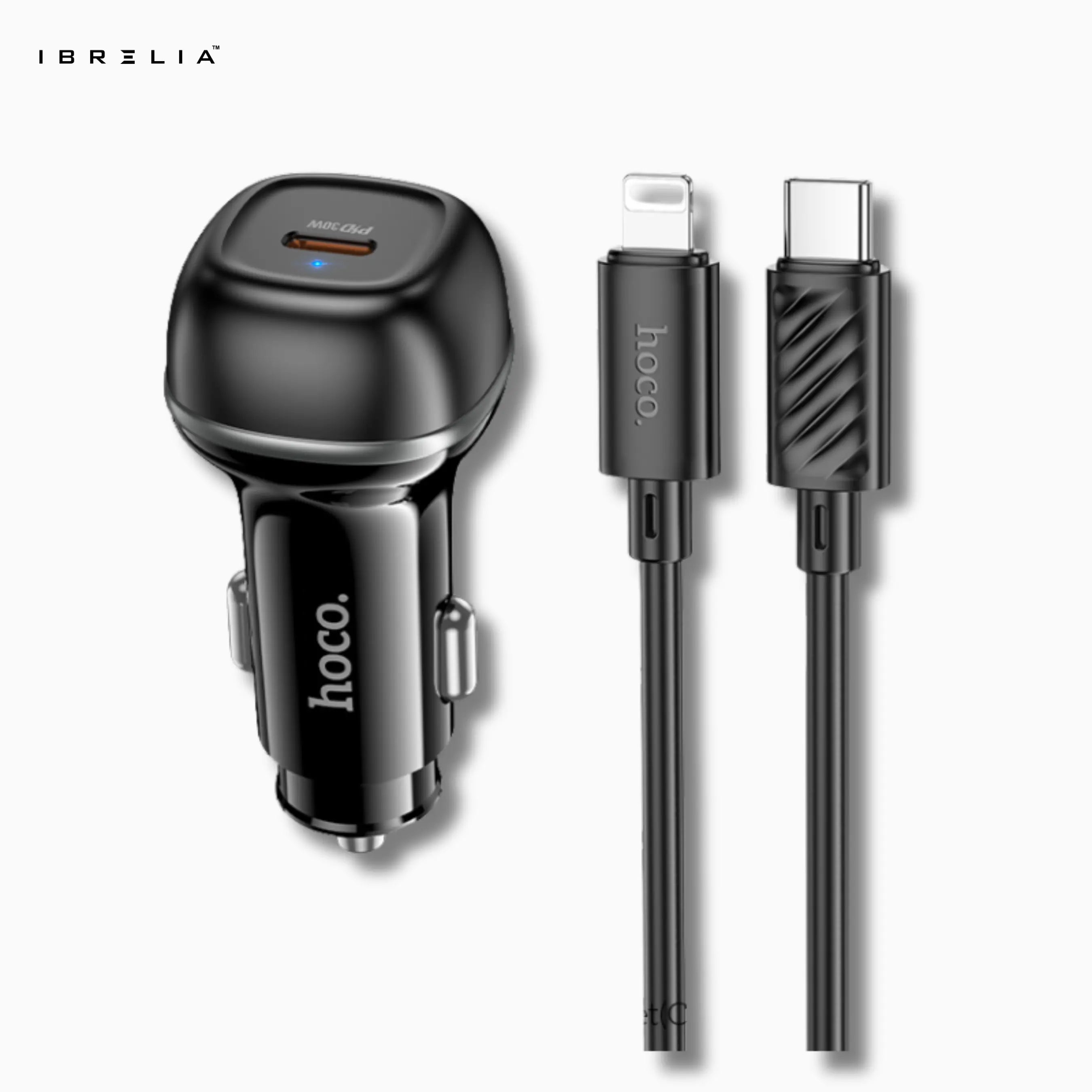 HOCO Z58 Rank Single Port PD30W Car Charger Set – 30W USB-C Fast Charger + 1m C to iPhone Cable | IBRELIA™ IBRELIA
