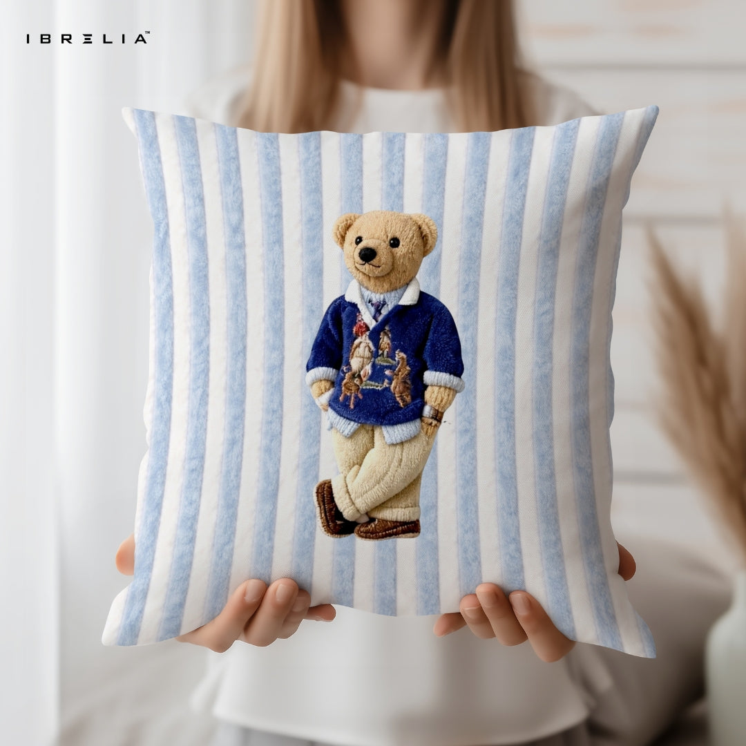 Vintage Polo Teddy Cushion – Classic Bear Pillow 15x15 Inch | Jute Textured Premium Cushion | IBRELIA™ IBRELIA