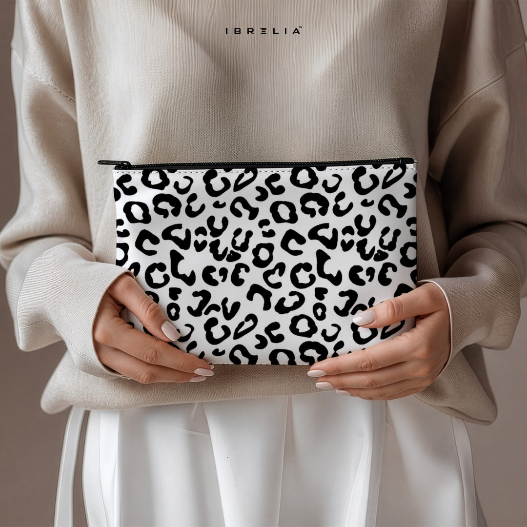 Monochrome Leopard Pattern Makeup & Pencil Pouch – Black & White Aesthetic Organizer – IBRELIA™ IBRELIA