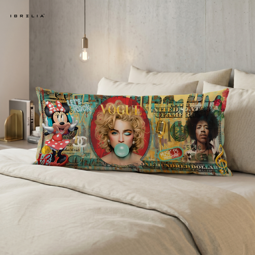IBRELIA™ Vogue Music Icons Ultra Wide Cushion – Premium Jute Luxury Sofa Pillow (46 x 19 Inches) IBRELIA
