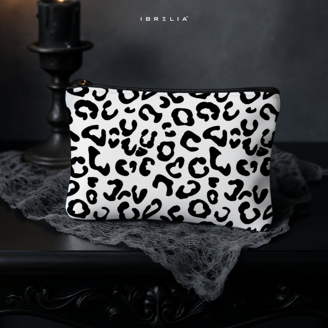 Monochrome Leopard Pattern Makeup & Pencil Pouch – Black & White Aesthetic Organizer – IBRELIA™