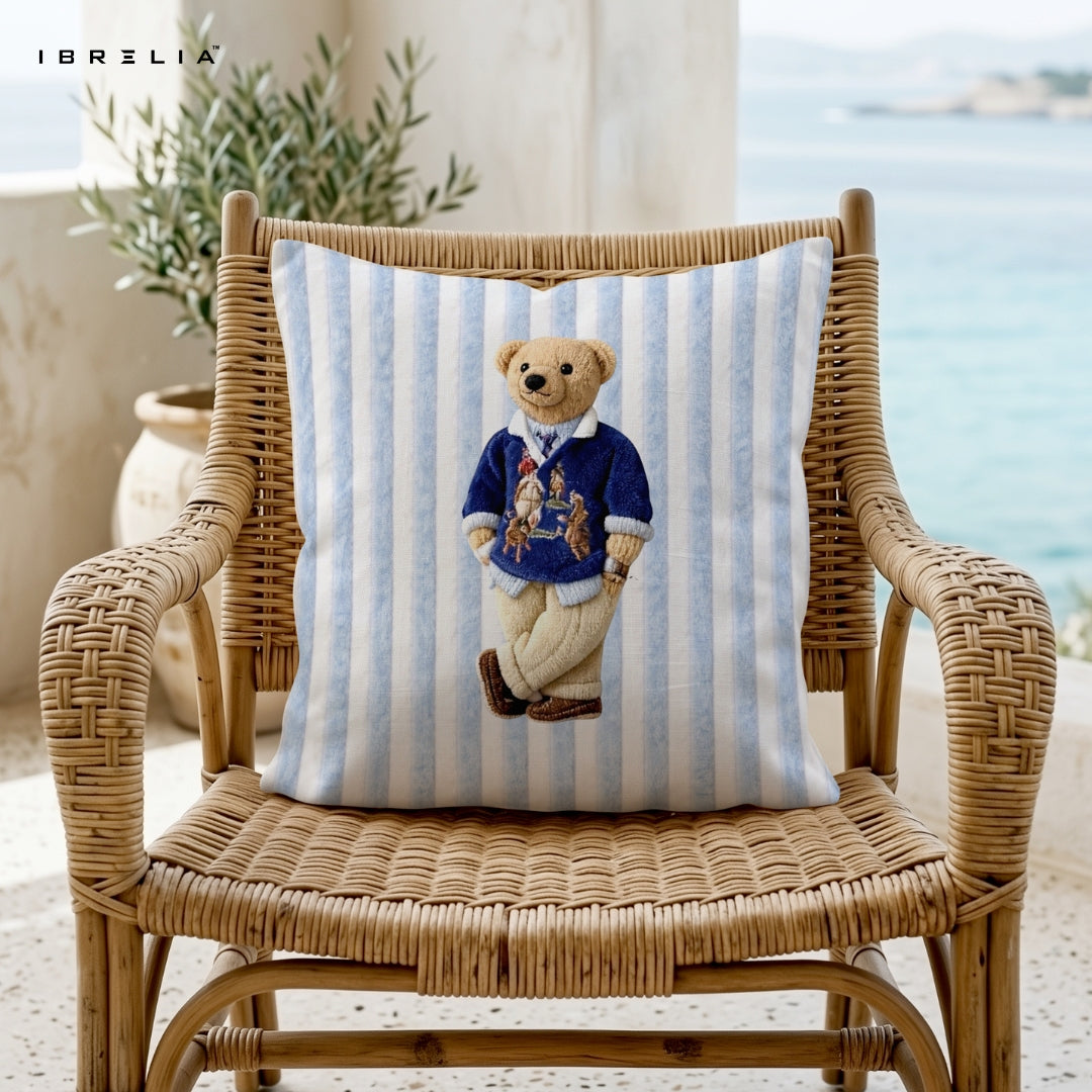 Vintage Polo Teddy Cushion – Classic Bear Pillow 15x15 Inch | Jute Textured Premium Cushion | IBRELIA™ IBRELIA
