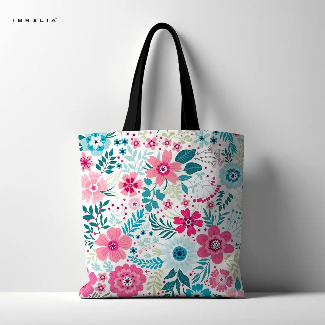Pink Floral Bloom Tote Bag – Spring Botanical Jute Tote with Velvet Handles | IBRELIA™ IBRELIA