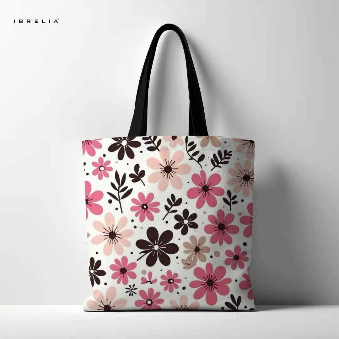 Pink & Black Daisy Tote Bag – Retro Floral Jute Tote with Velvet Handles | IBRELIA™ IBRELIA