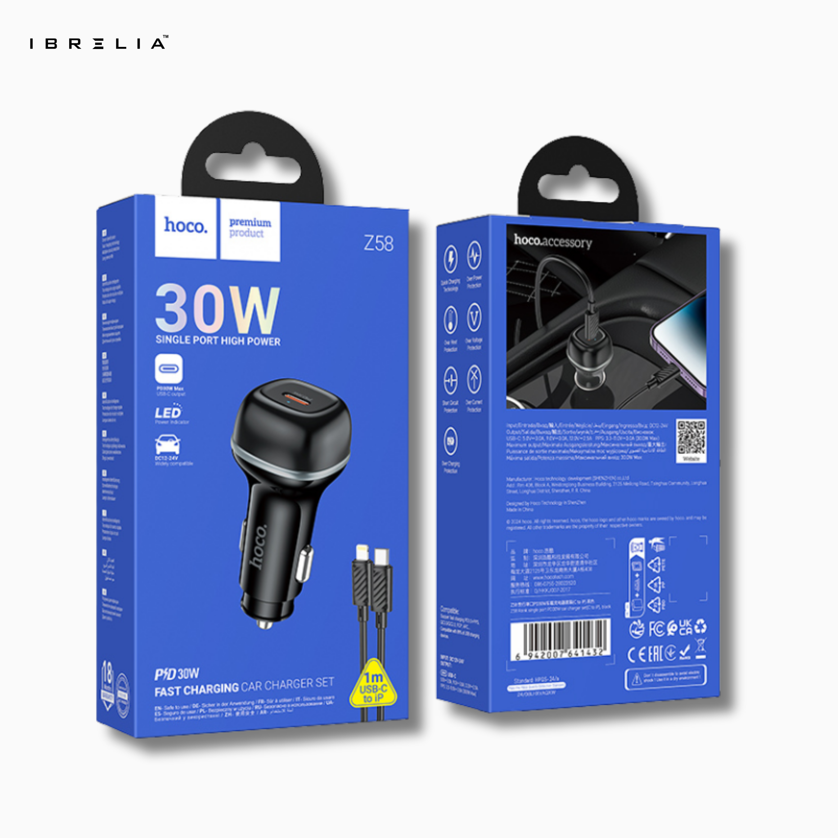 HOCO Z58 Rank Single Port PD30W Car Charger Set – 30W USB-C Fast Charger + 1m C to iPhone Cable | IBRELIA™