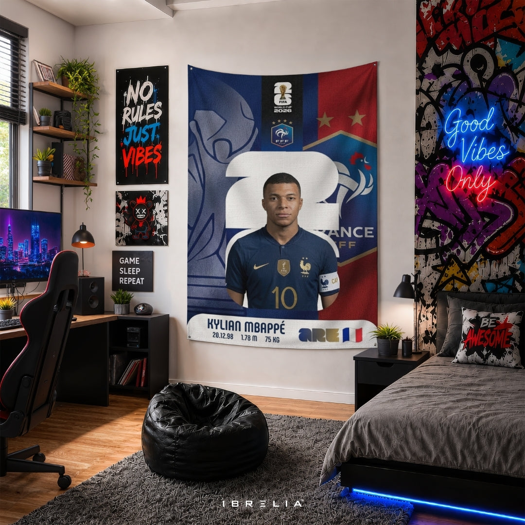 Kylian Mbappé France World Cup 2026 Player Card Premium Jute Fabric Tapestry | Football Wall Hanging | IBRELIA™