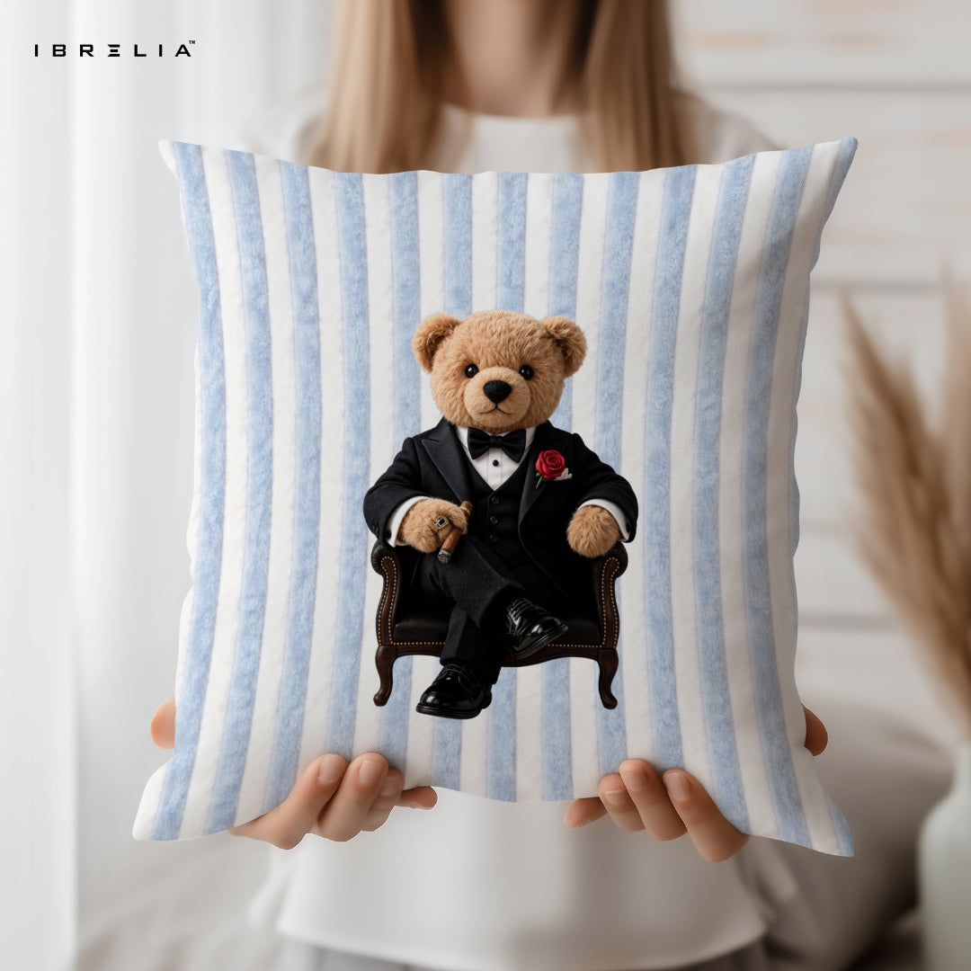 Godfather Teddy Cushion – Luxury Boss Bear Pillow 15x15 Inch | Jute Textured Premium Cushion | IBRELIA™ IBRELIA