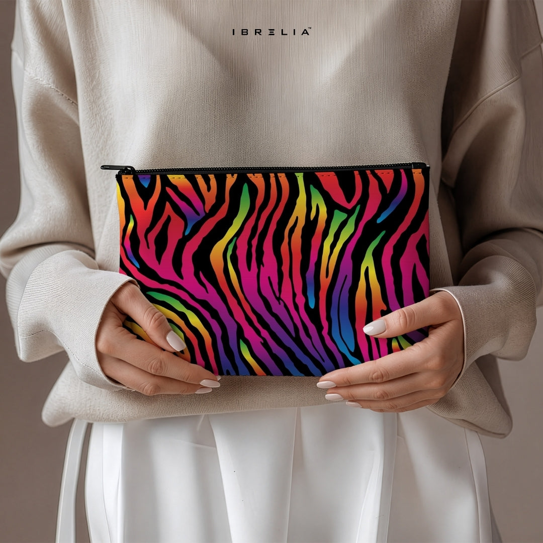 Neon Rainbow Zebra Pattern Makeup & Pencil Pouch – Vibrant Animal Print Organizer – IBRELIA™