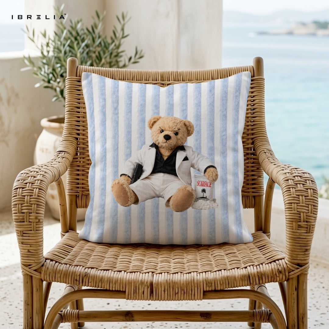 Scarface Teddy Cushion – Luxury Gangster Bear Pillow 15x15 Inch | Jute Textured Premium Cushion | IBRELIA™ IBRELIA