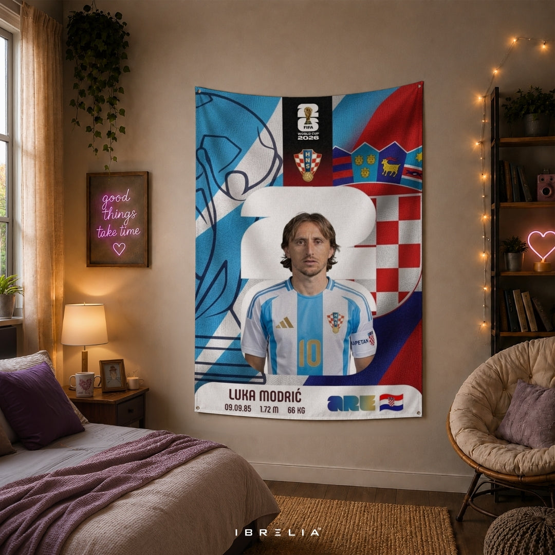 Luka Modrić Croatia World Cup 2026 Player Card Premium Jute Fabric Tapestry | Football Wall Hanging | IBRELIA™