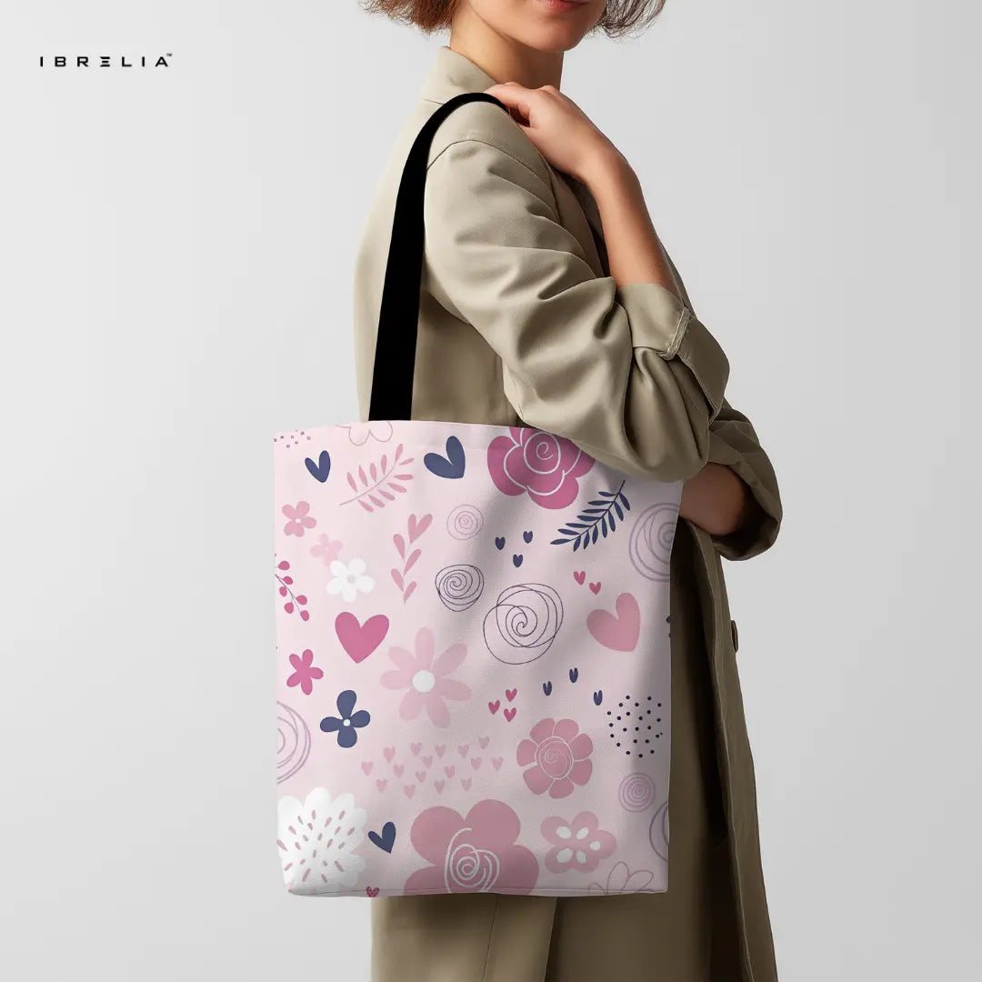 Pink Rose & Hearts Tote Bag – Dreamy Floral Jute Tote with Velvet Handles | IBRELIA™ IBRELIA