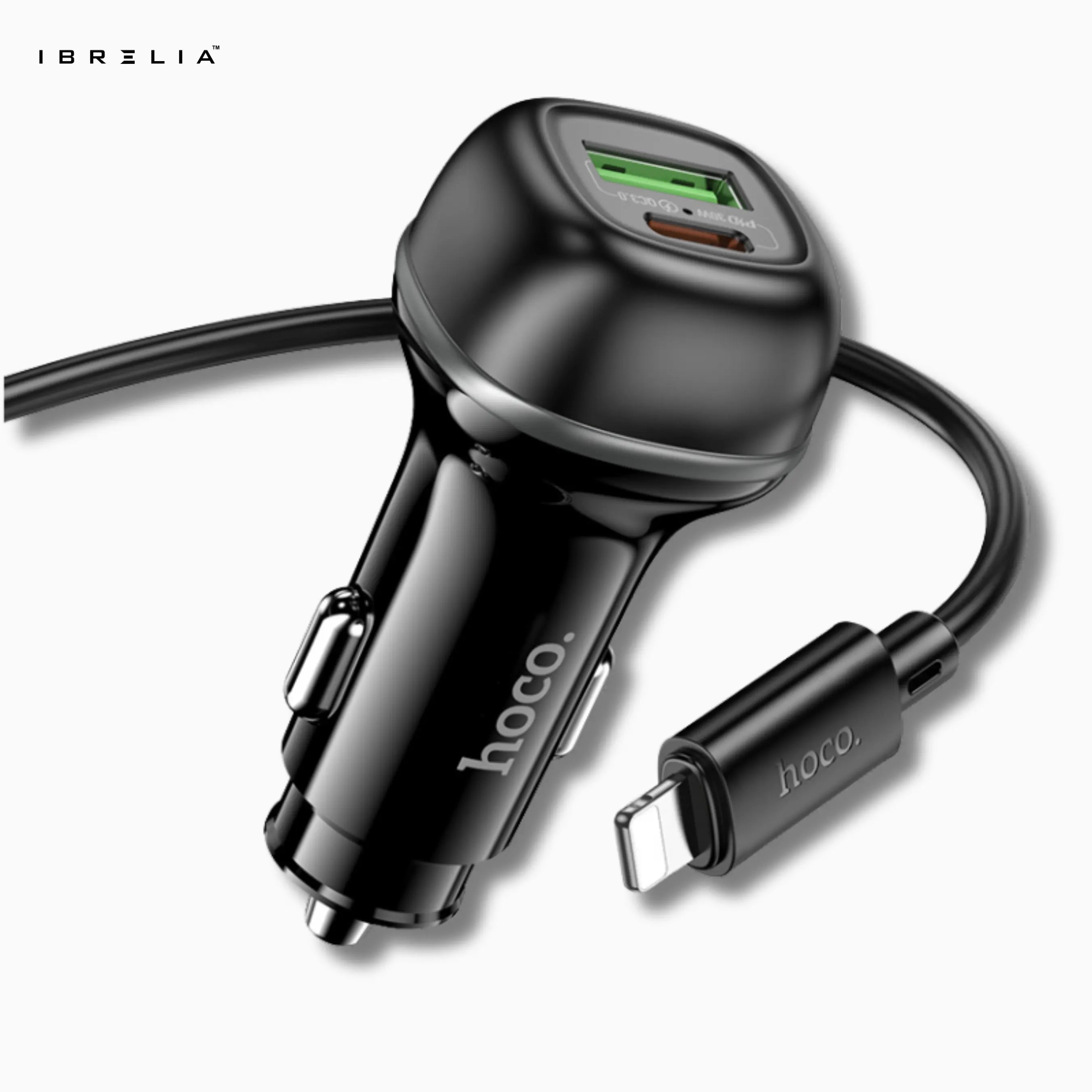 HOCO Z58A Rank 48W Dual Port Car Charger Set – PD30W + QC3.0 with 1m C to iPhone Cable | IBRELIA™ IBRELIA