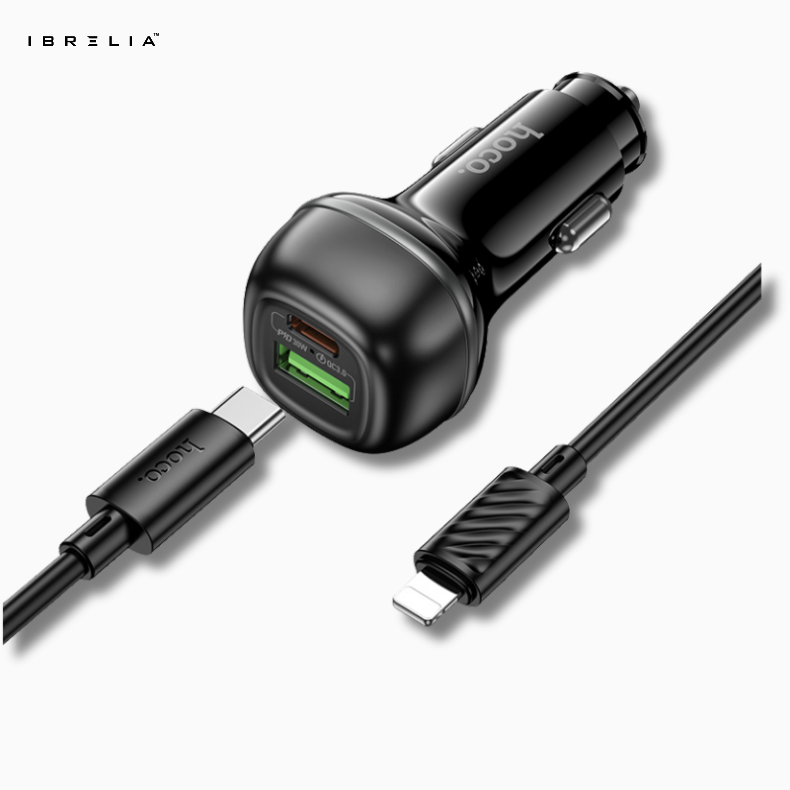 HOCO Z58A Rank 48W Dual Port Car Charger Set – PD30W + QC3.0 with 1m C to iPhone Cable | IBRELIA™