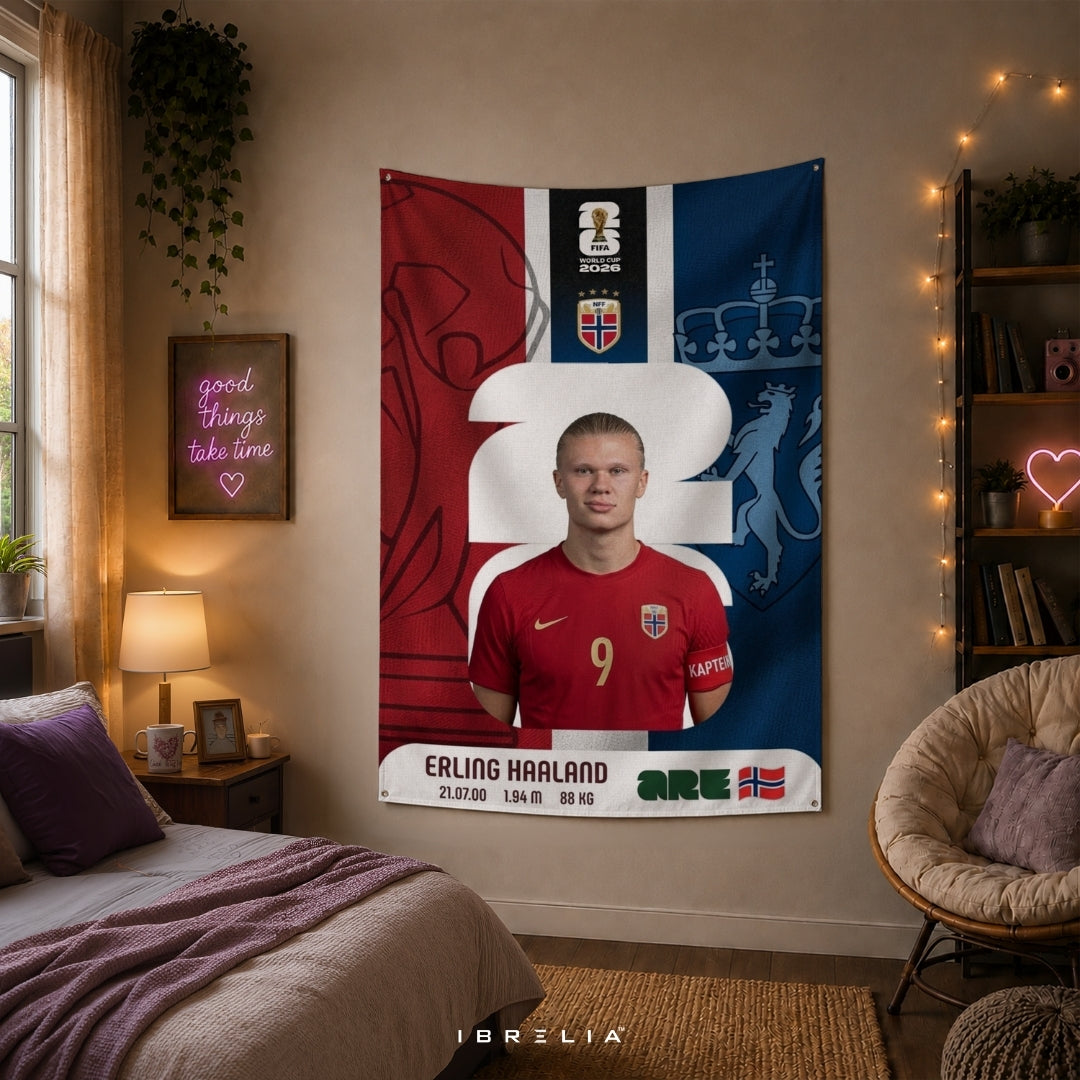 Erling Haaland Norway World Cup 2026 Player Card Premium Jute Fabric Tapestry | Football Wall Hanging | IBRELIA™