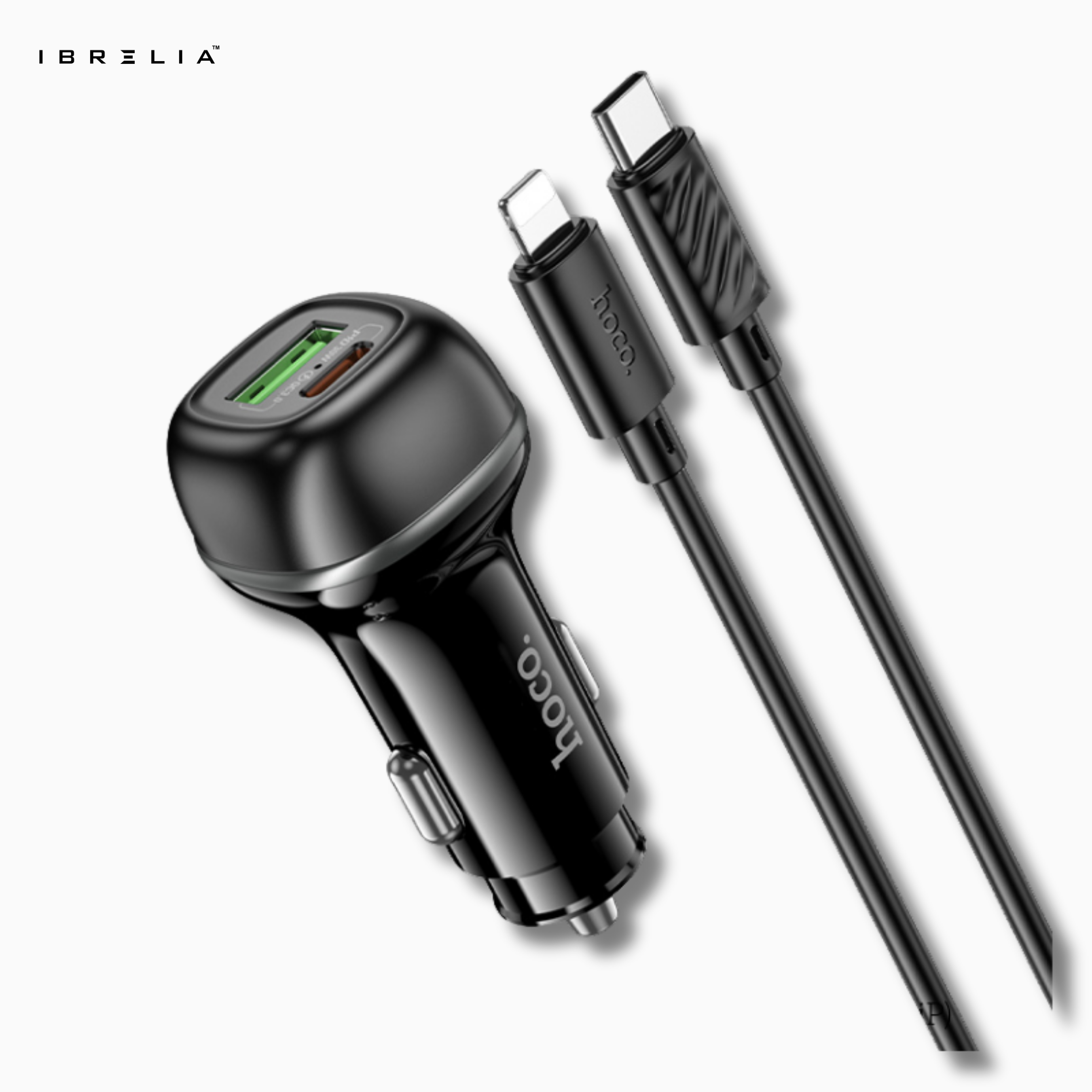 HOCO Z58A Rank 48W Dual Port Car Charger Set – PD30W + QC3.0 with 1m C to iPhone Cable | IBRELIA™