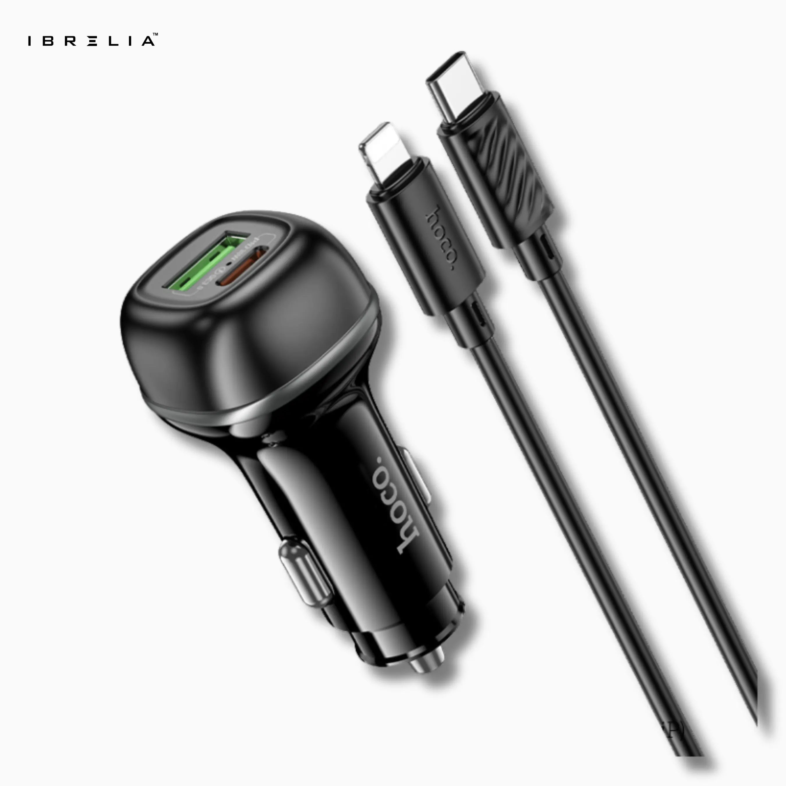HOCO Z58A Rank 48W Dual Port Car Charger Set – PD30W + QC3.0 with 1m C to iPhone Cable | IBRELIA™ IBRELIA