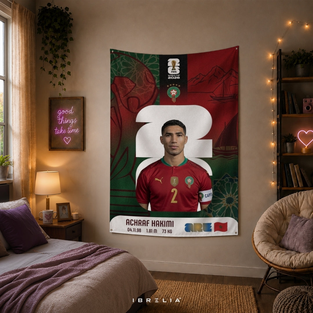 Achraf Hakimi Morocco World Cup 2026 Player Card Premium Jute Fabric Tapestry | Football Wall Hanging | IBRELIA™