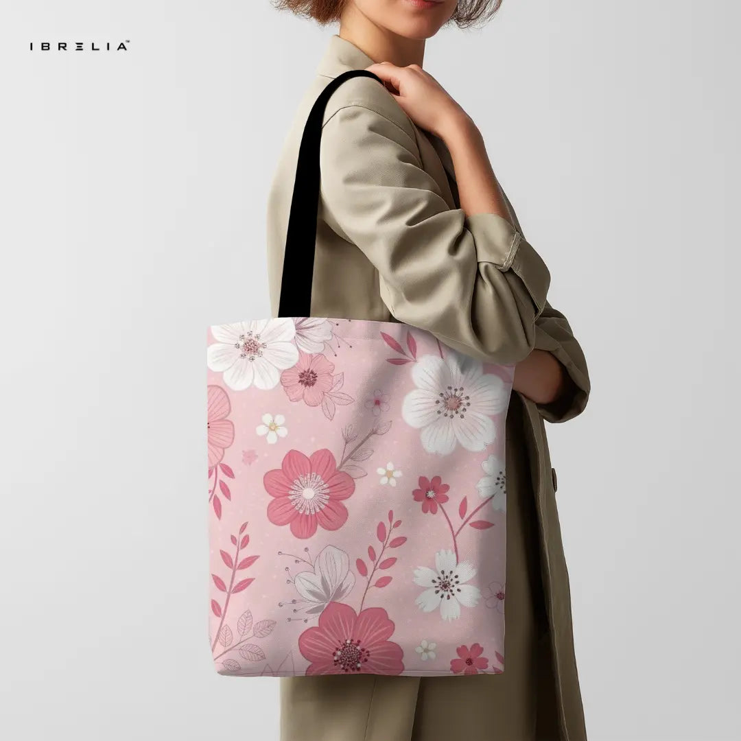 Blush Blossom Tote Bag – Elegant Pink Floral Jute Tote with Velvet Handles | IBRELIA™ IBRELIA