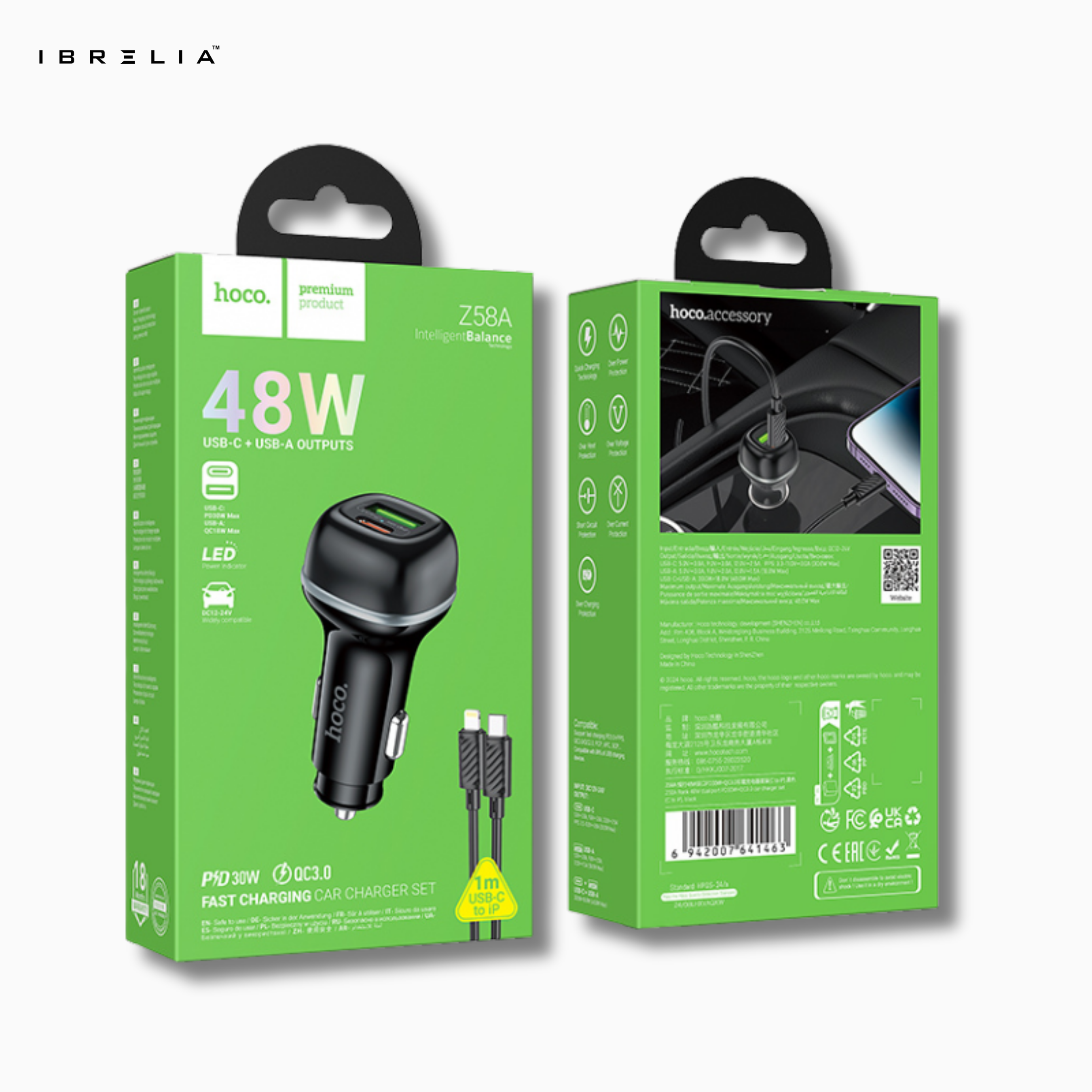 HOCO Z58A Rank 48W Dual Port Car Charger Set – PD30W + QC3.0 with 1m C to iPhone Cable | IBRELIA™