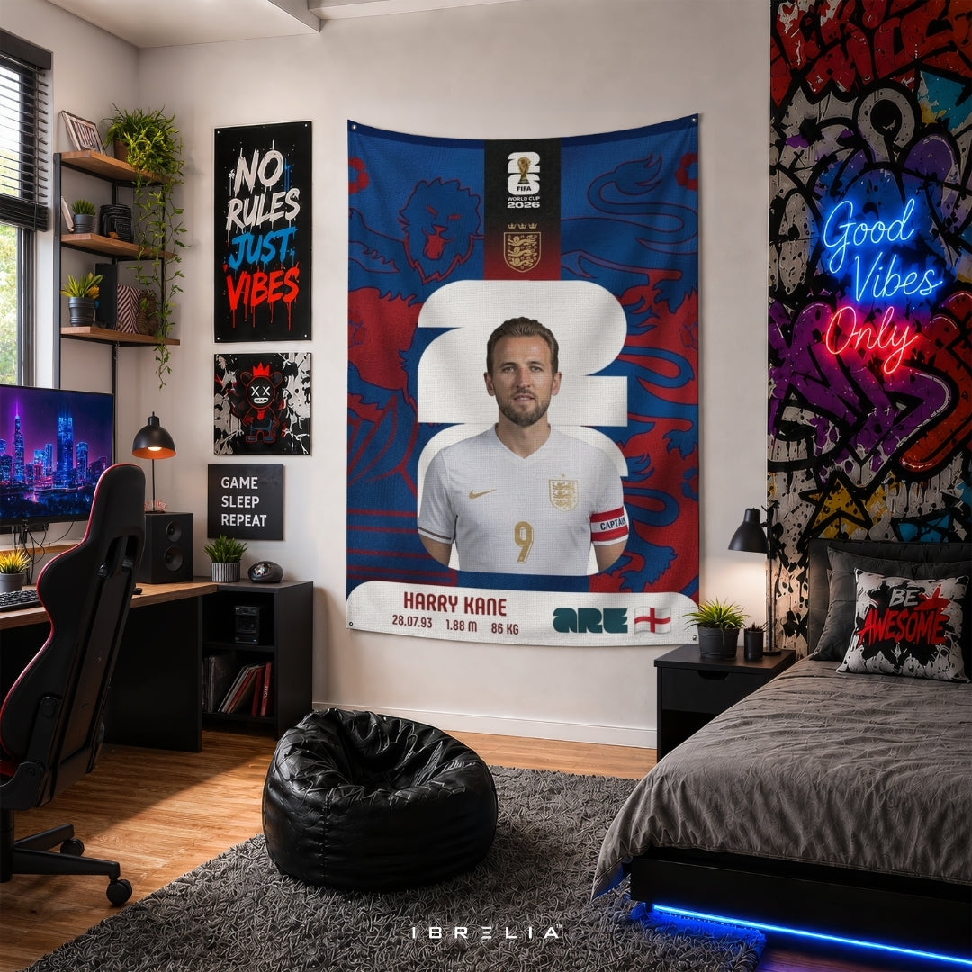 Harry Kane England World Cup 2026 Player Card Premium Jute Fabric Tapestry | Football Wall Hanging | IBRELIA™