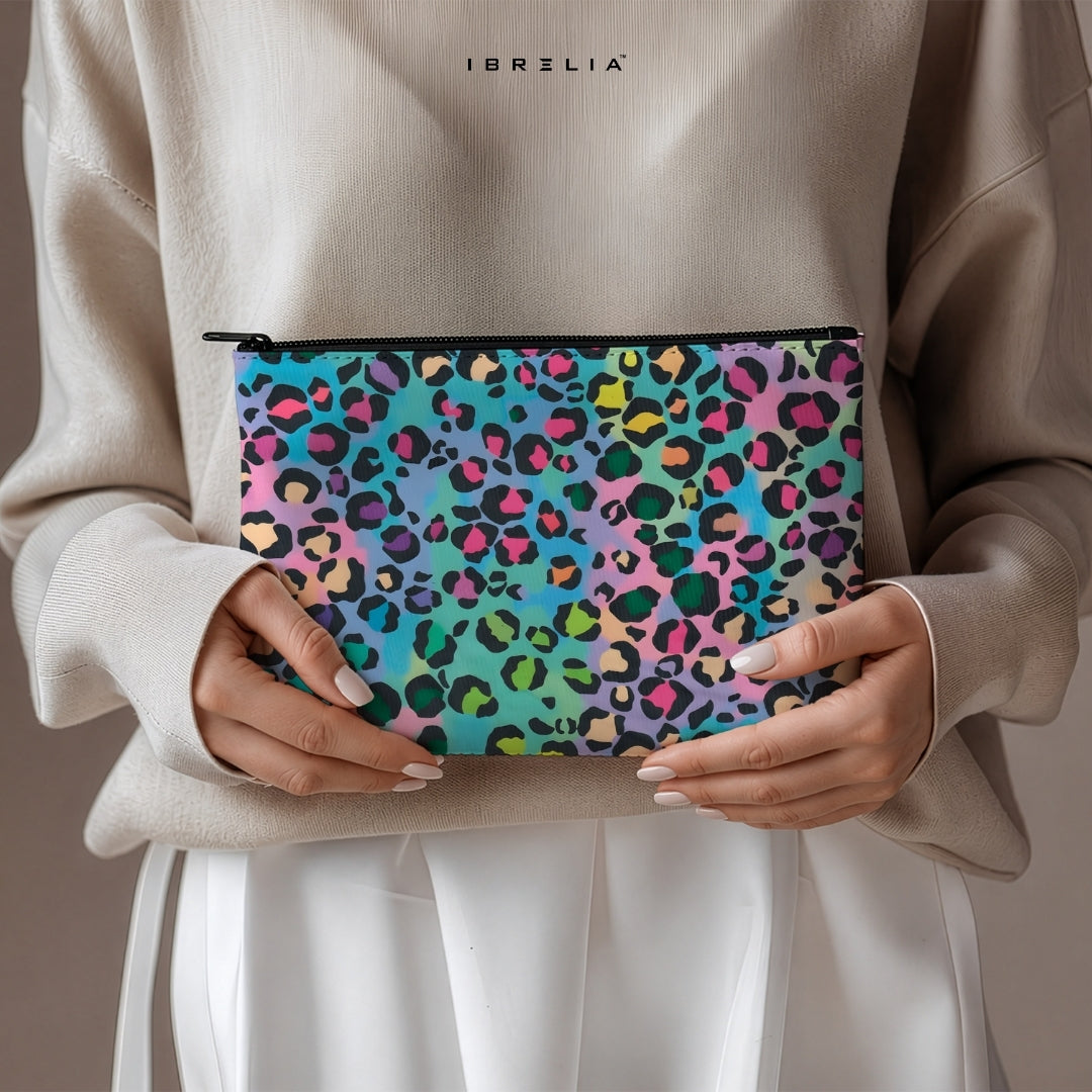 Pastel Rainbow Leopard Makeup & Pencil Pouch – Colorful Aesthetic Animal Print Organizer – IBRELIA™ IBRELIA