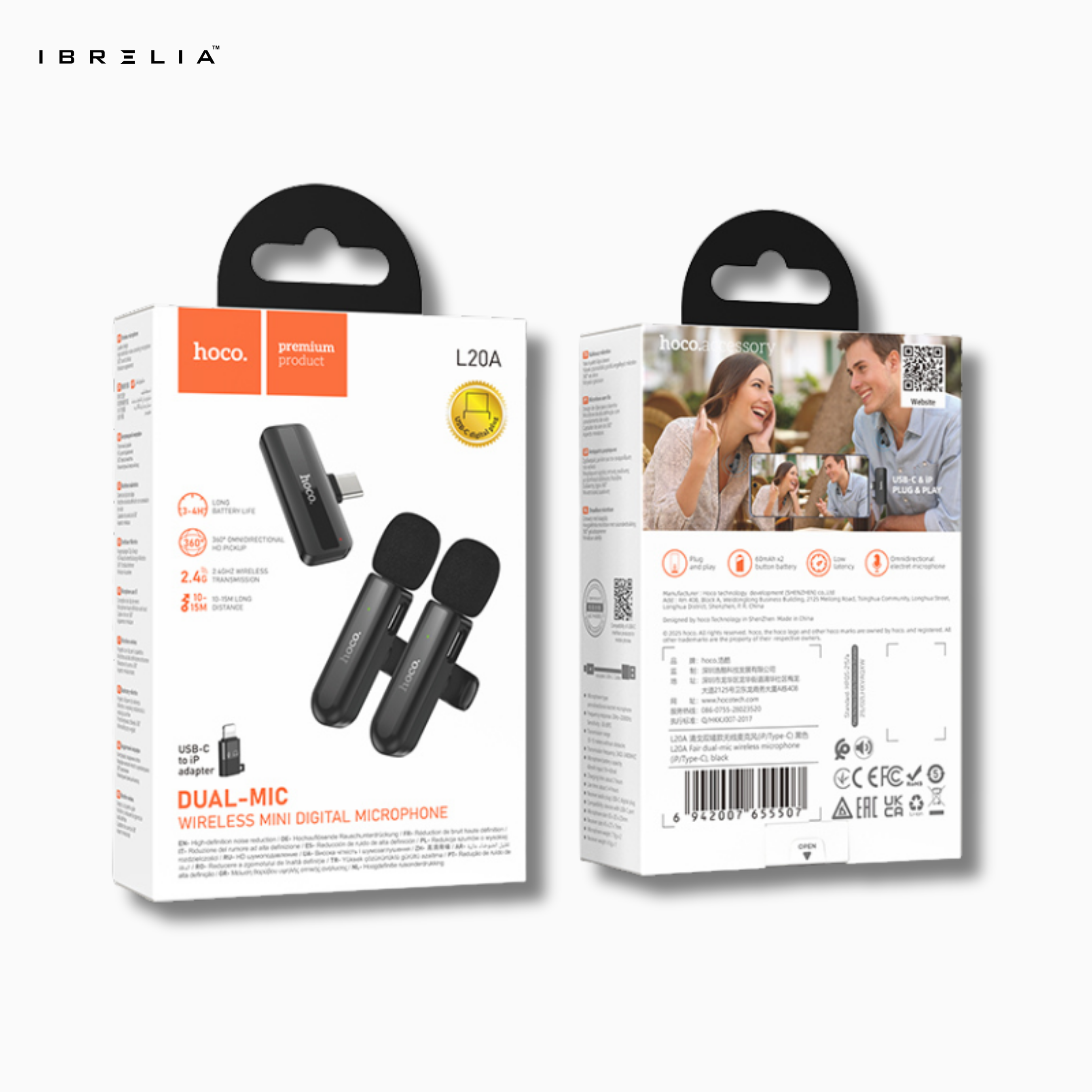 HOCO L20A Dual-Mic Wireless Mini Digital Microphone (Type-C + Lightning) | IBRELIA™