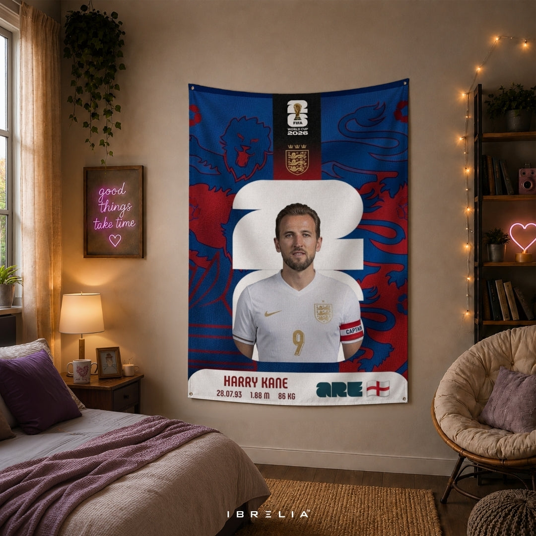 Harry Kane England World Cup 2026 Player Card Premium Jute Fabric Tapestry | Football Wall Hanging | IBRELIA™