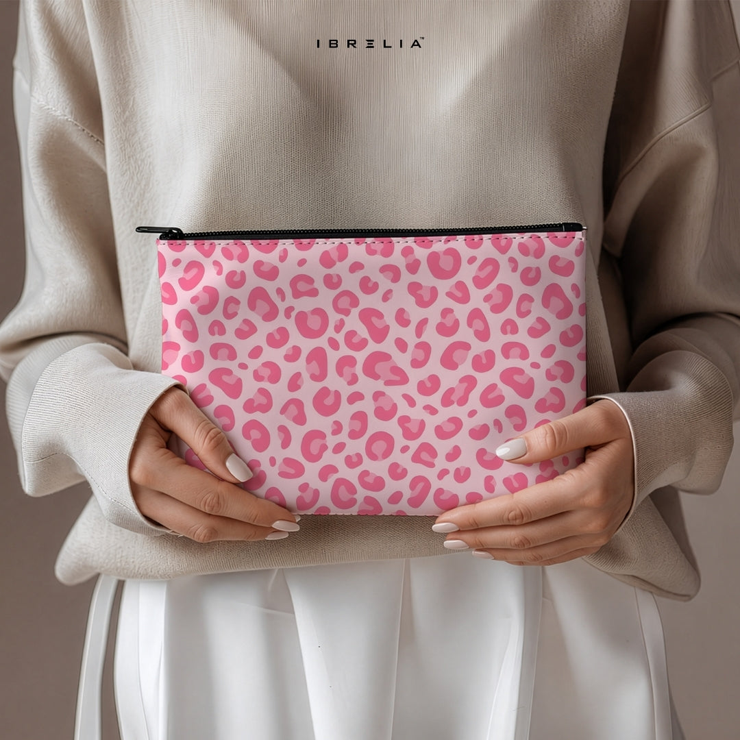 Soft Pink Leopard Makeup & Pencil Pouch – Feminine Aesthetic Organizer – IBRELIA™ IBRELIA