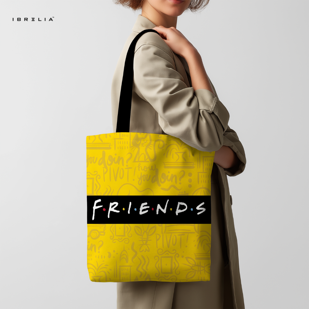 IBRELIA™ Yellow Doodle Lifestyle Premium Jute Tote Bag with Velvet Handles, Satin Lining & Inner Zip Pocket IBRELIA