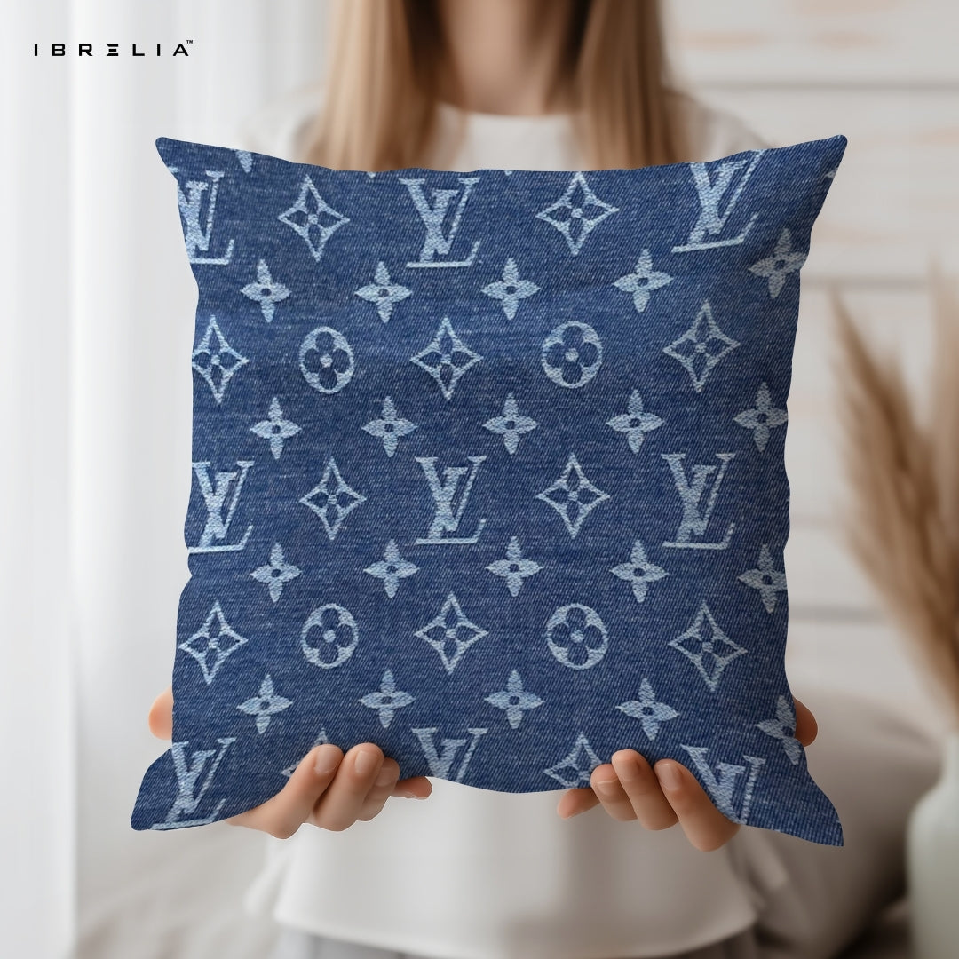 Blue Denim Monogram Cushion – 15x15 Inch Decorative Pillow | Luxury Pattern Cushion | Double-Sided Print | Premium Fibre Filling | IBRELIA™ IBRELIA