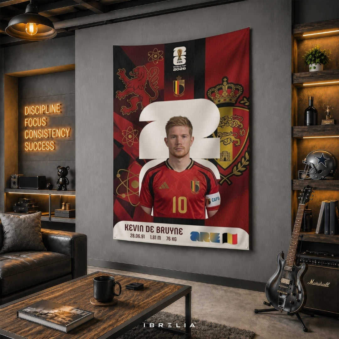 Kevin De Bruyne Belgium World Cup 2026 Player Card Premium Jute Fabric Tapestry | Football Wall Hanging | IBRELIA™