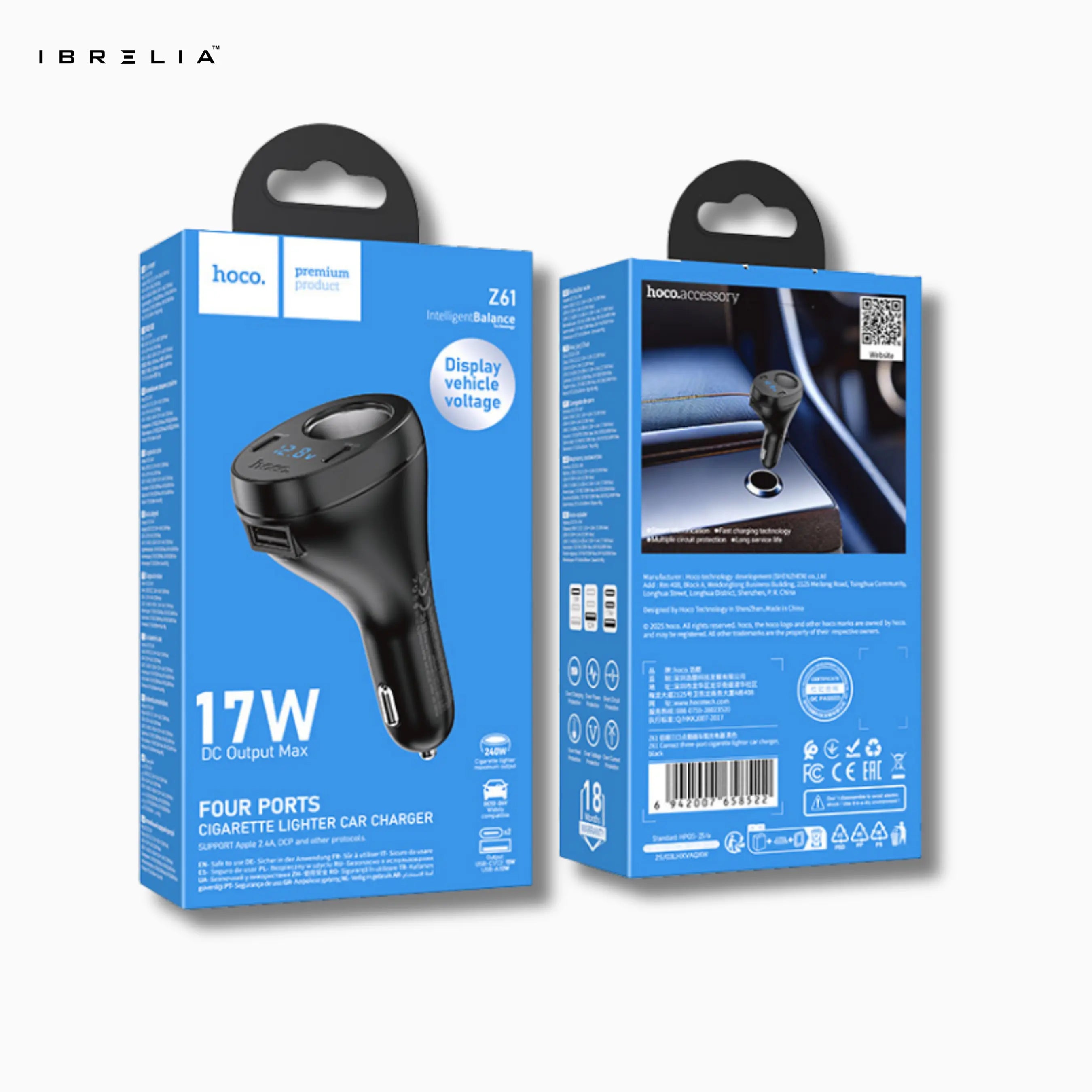 HOCO Z61 Correct Three-Port Cigarette Lighter Car Charger – 120W/240W Output + LED Voltage Display | IBRELIA™ IBRELIA