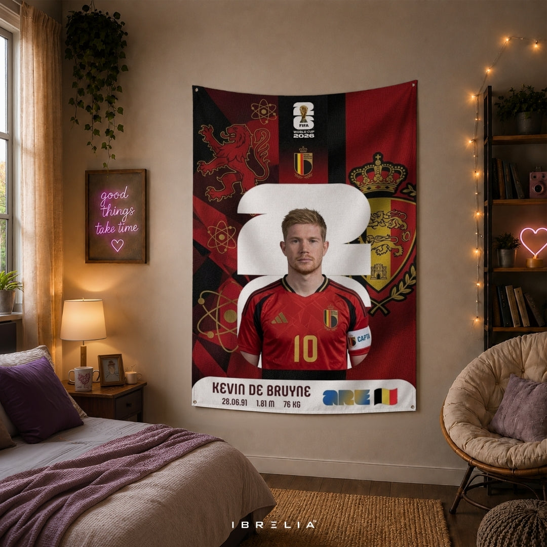 Kevin De Bruyne Belgium World Cup 2026 Player Card Premium Jute Fabric Tapestry | Football Wall Hanging | IBRELIA™