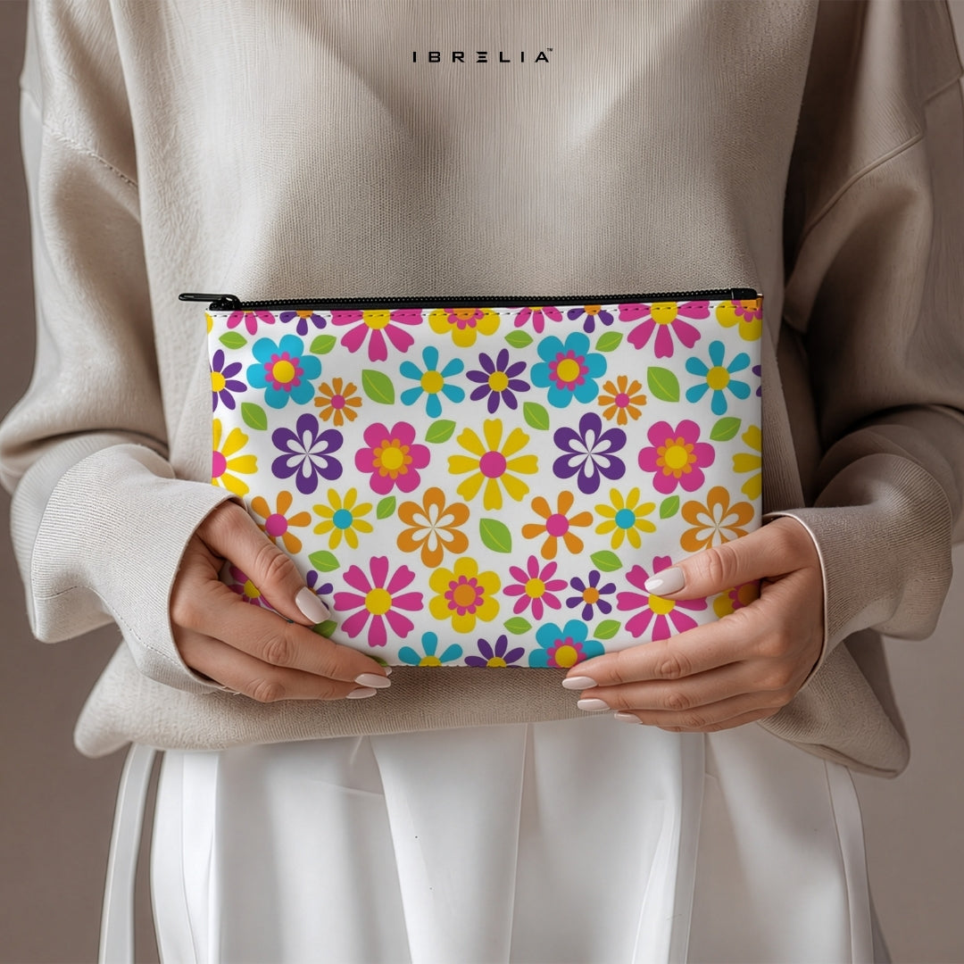 Retro Floral Garden Makeup & Pencil Pouch – Colorful Flower Aesthetic Organizer – IBRELIA™