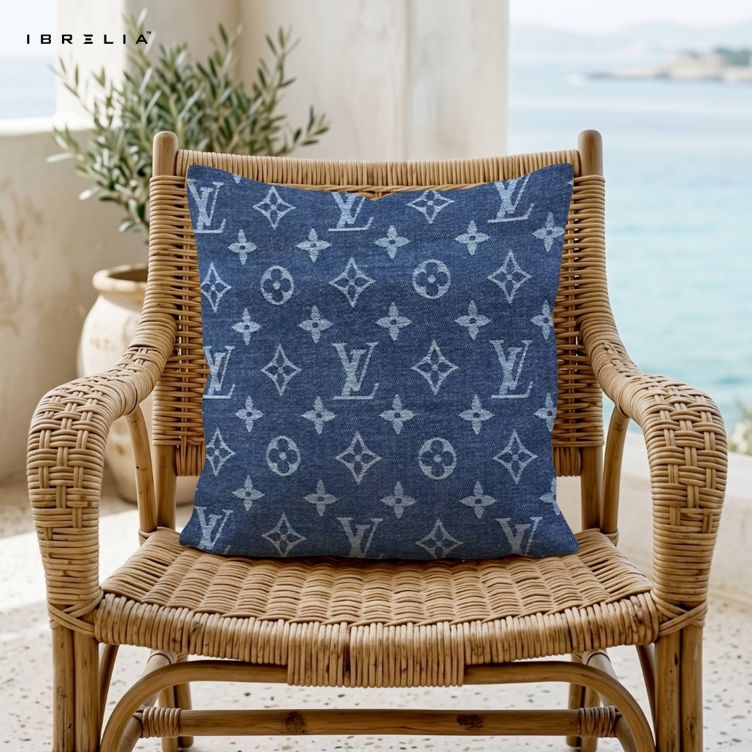 Blue Denim Monogram Cushion – 15x15 Inch Decorative Pillow | Luxury Pattern Cushion | Double-Sided Print | Premium Fibre Filling | IBRELIA™ IBRELIA
