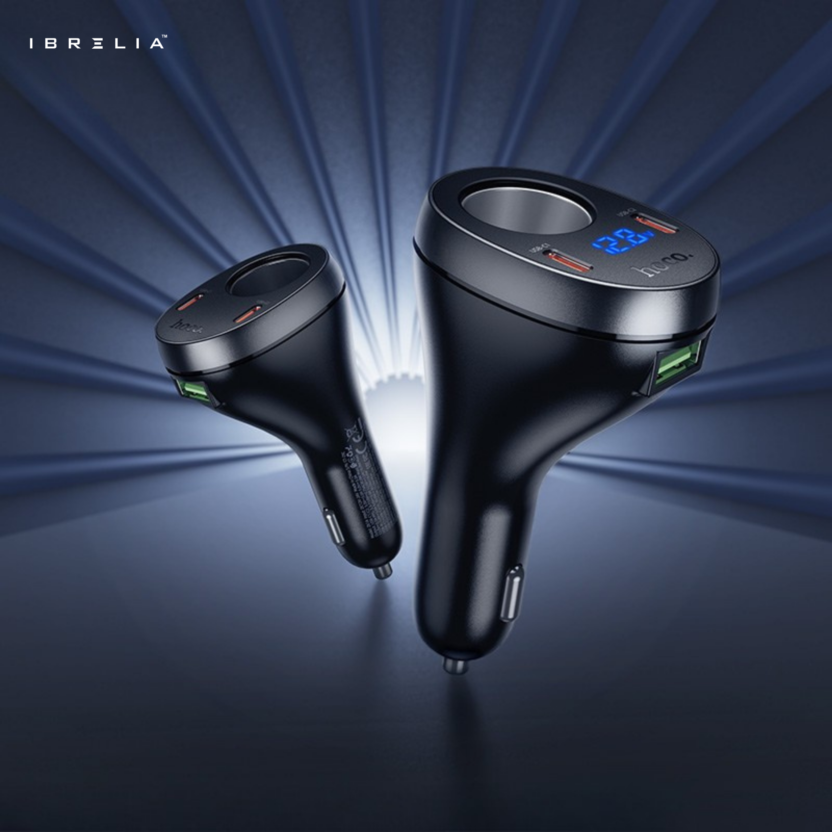 HOCO Z61A Correct PD60W (2C1A) Cigarette Lighter Car Charger – 60W Max Output + Voltage Display | IBRELIA™