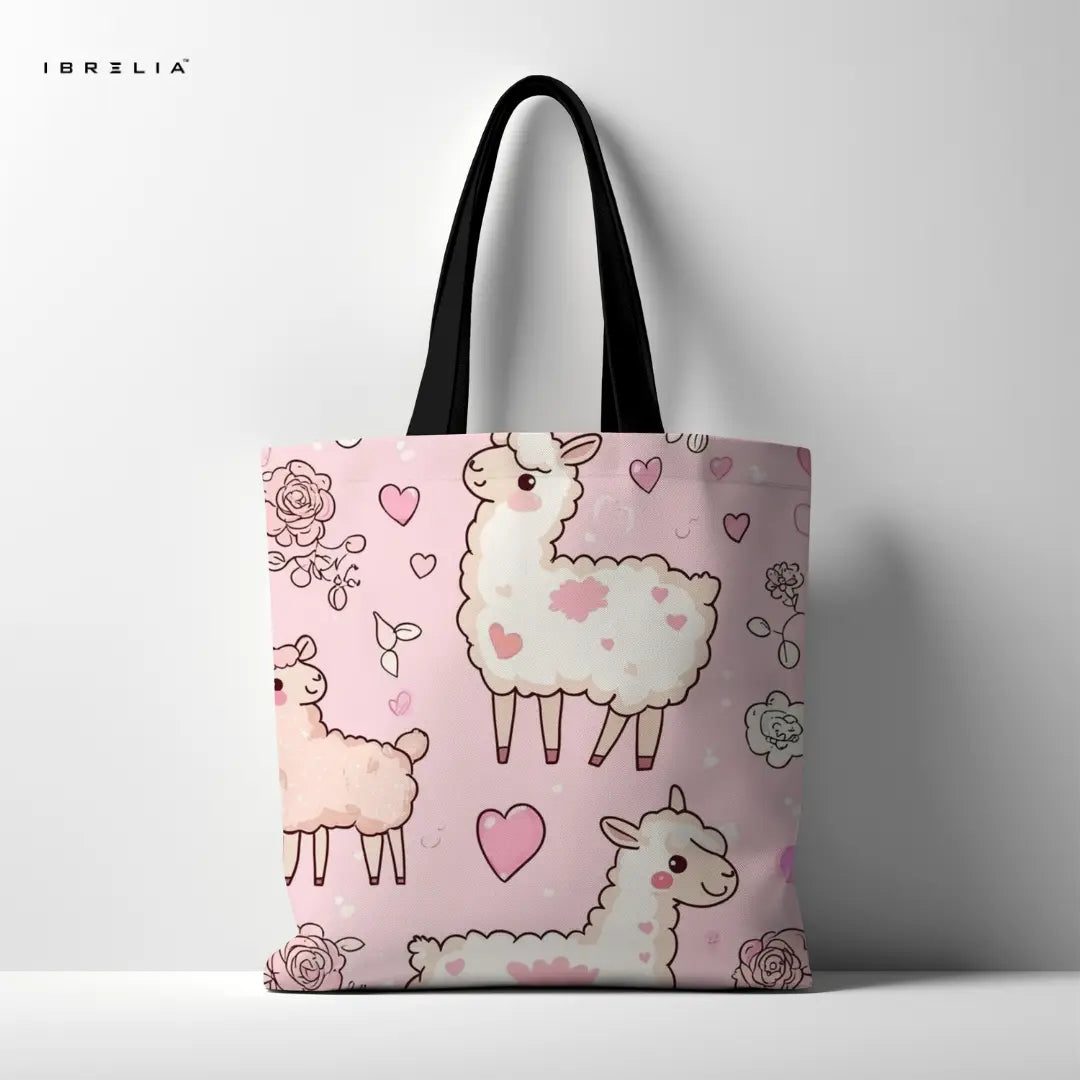 Cute Llama Tote Bag – Kawaii Pink Animal Jute Tote with Velvet Handles | IBRELIA™ IBRELIA