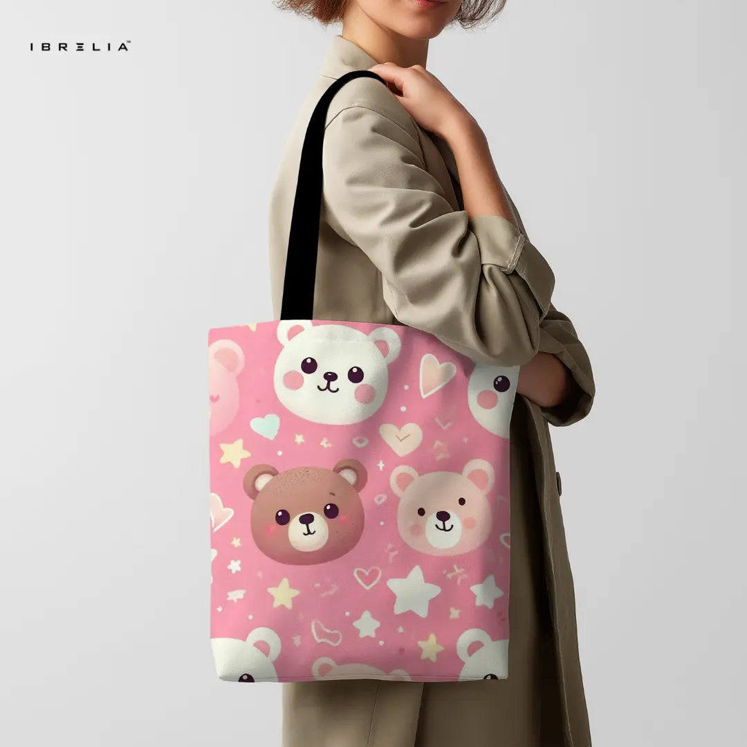 Cute Bear Tote Bag – Kawaii Pink Teddy Jute Tote with Velvet Handles | IBRELIA™ IBRELIA