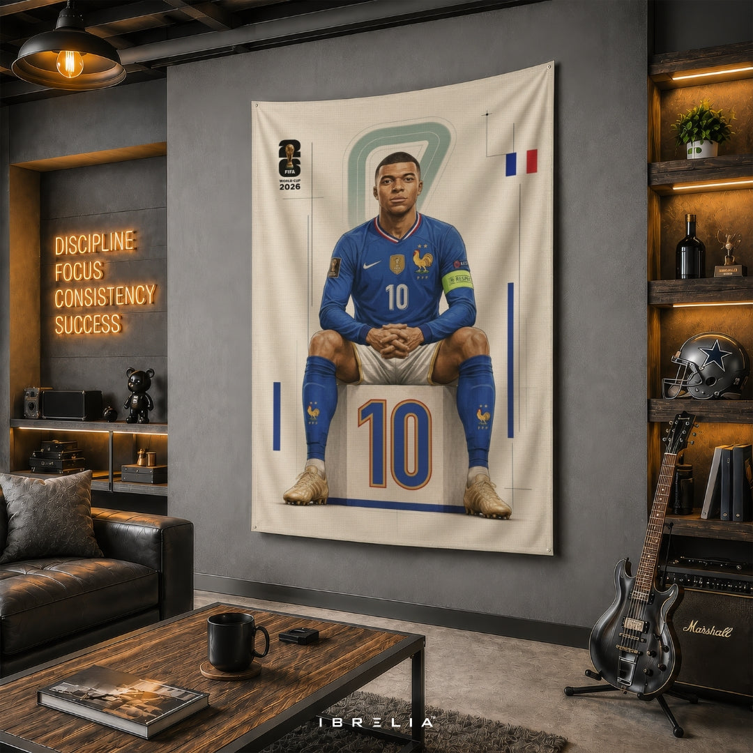 Kylian Mbappé – FIFA World Cup 2026 – Premium Jute Fabric Tapestry – IBRELIA™