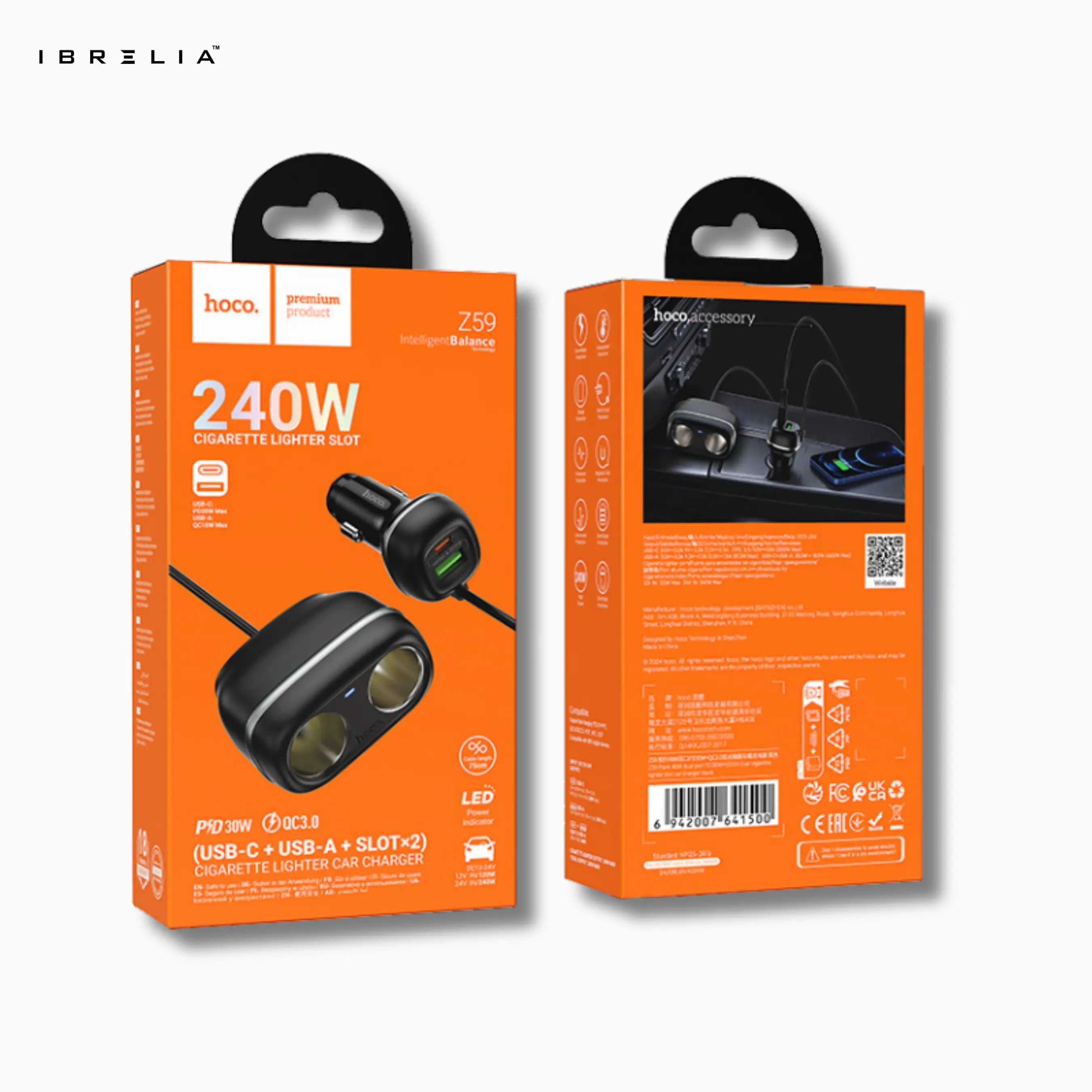 HOCO Z59 Rank 48W Dual-Port PD30W + QC3.0 Car Charger with Dual Cigarette Lighter Slots | IBRELIA™ IBRELIA