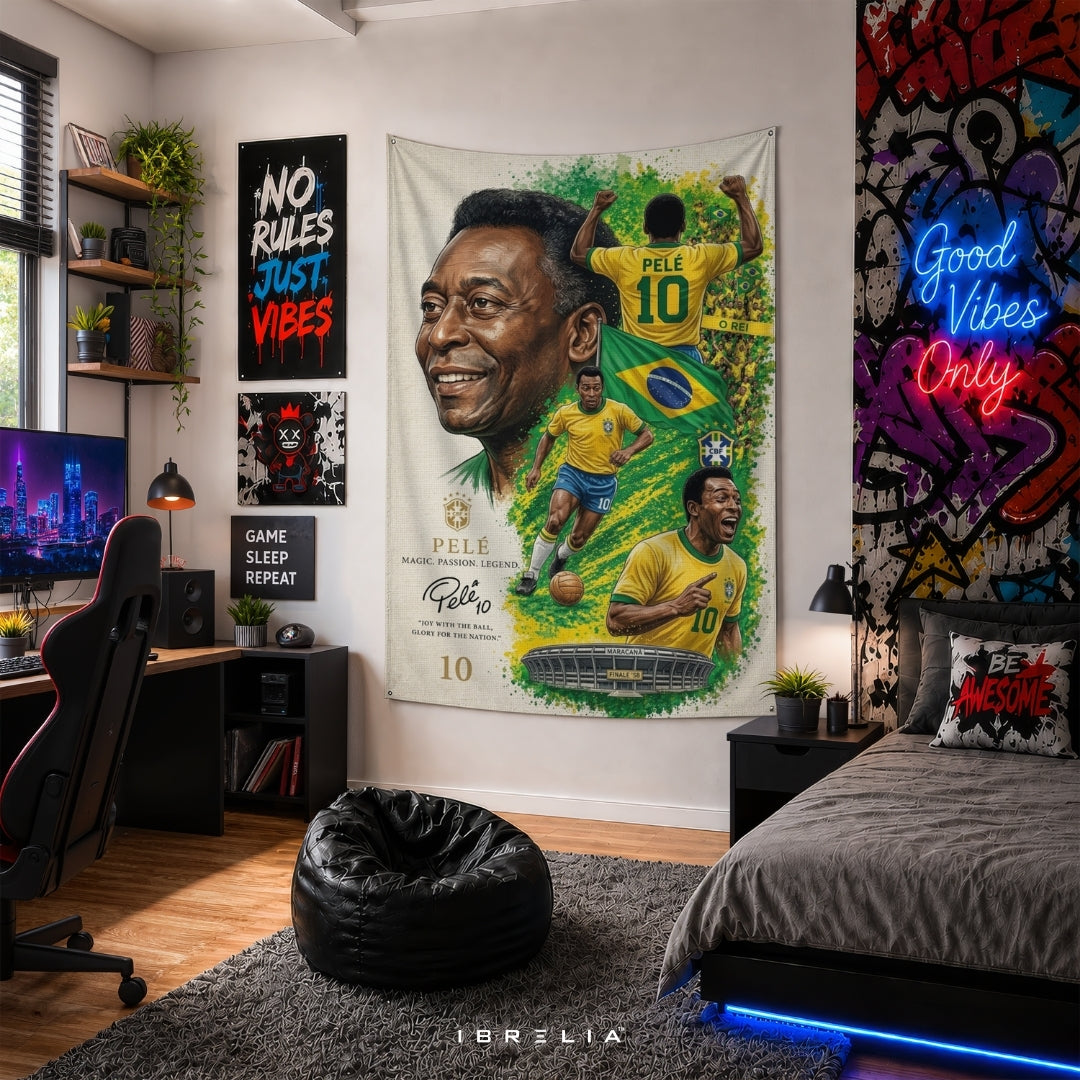 Pelé Brazil Football Legend Premium Jute Fabric Tapestry | Football Wall Hanging | IBRELIA™