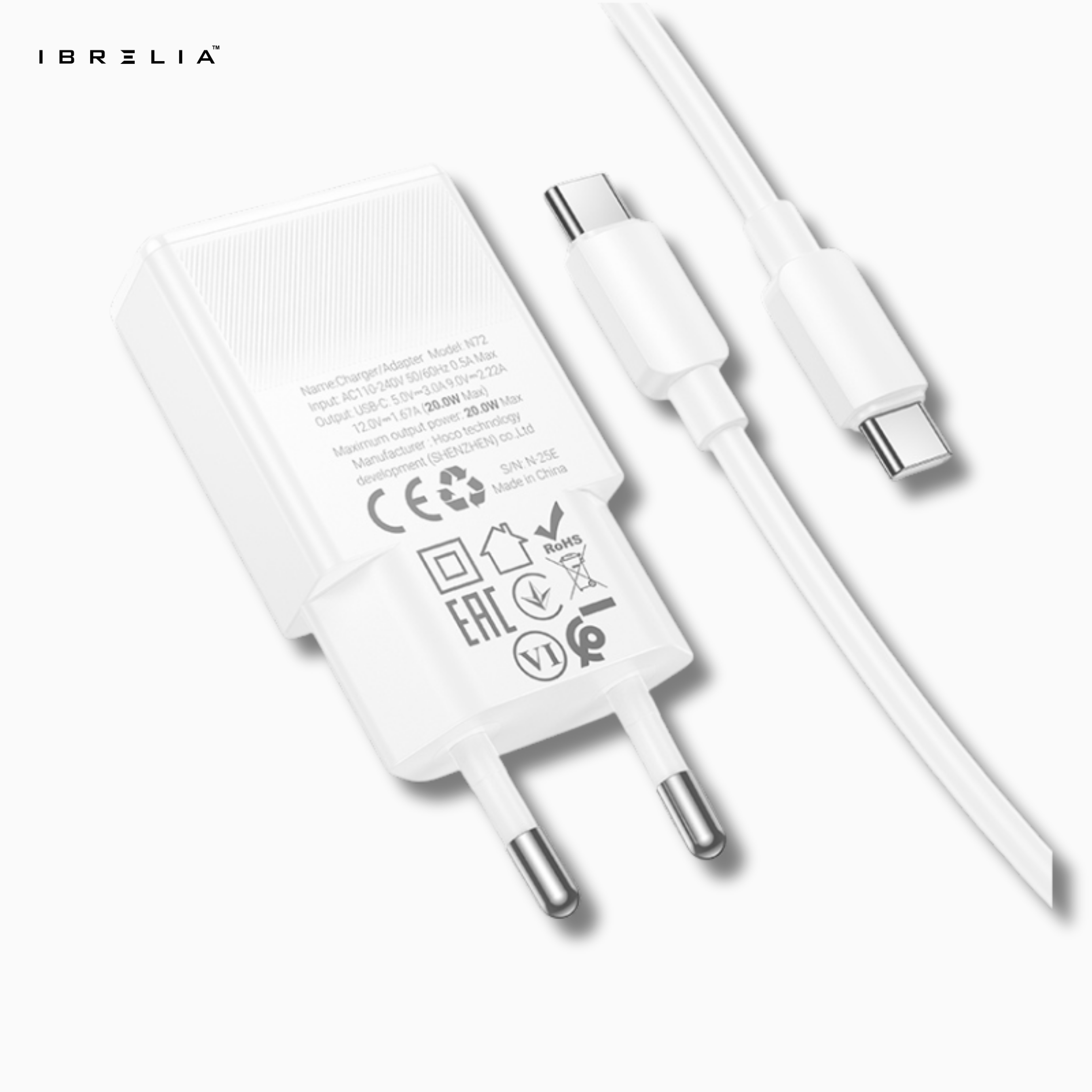 HOCO N72 Speed 20W Ultra-Thin GaN Fast Charger Set (USB-C to USB-C, 60W Cable Included) | IBRELIA™
